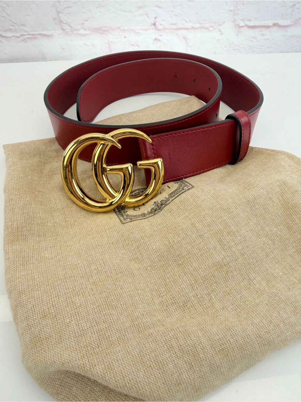 Authentic Gucci GG Marmont Wide Red Leather Belt Gold Buckle 406831 75/30